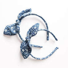 Load image into Gallery viewer, Blue with White Floral Knot Bow Alice Band