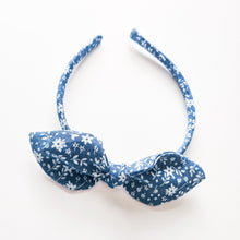 Load image into Gallery viewer, Blue with White Floral Knot Bow Alice Band