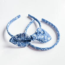 Load image into Gallery viewer, Blue with White Floral Knot Bow Alice Band