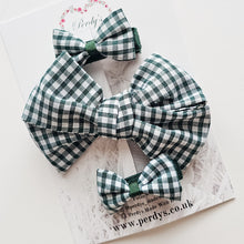 Load image into Gallery viewer, Bottle Green Gingham School Bow Set