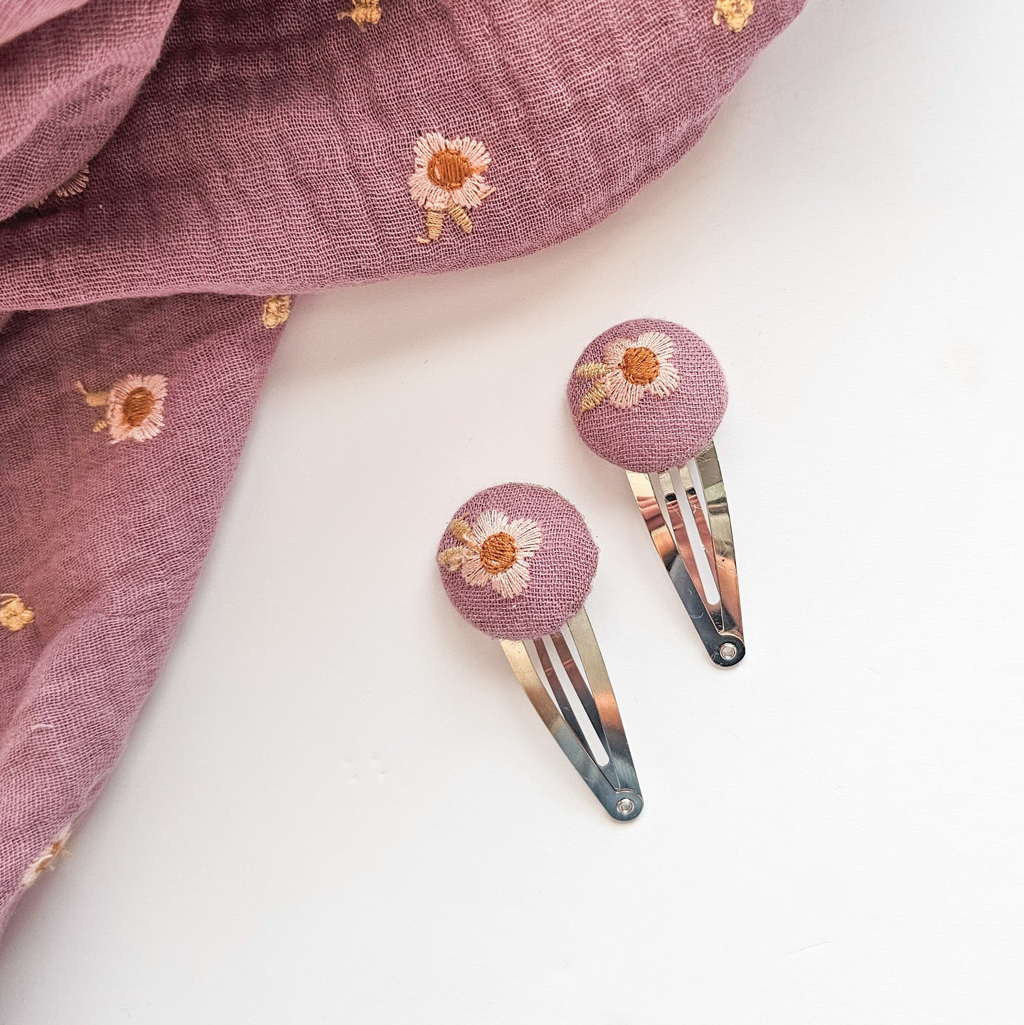 Embroidered Flower Button Snap Clip Duo