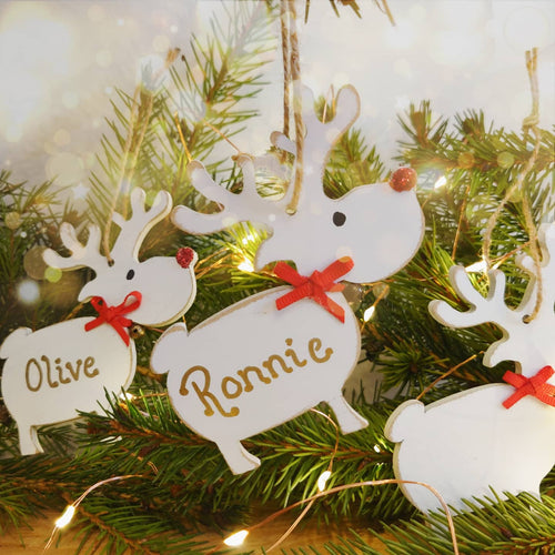 Personalised hanging rustic reindeers decoration